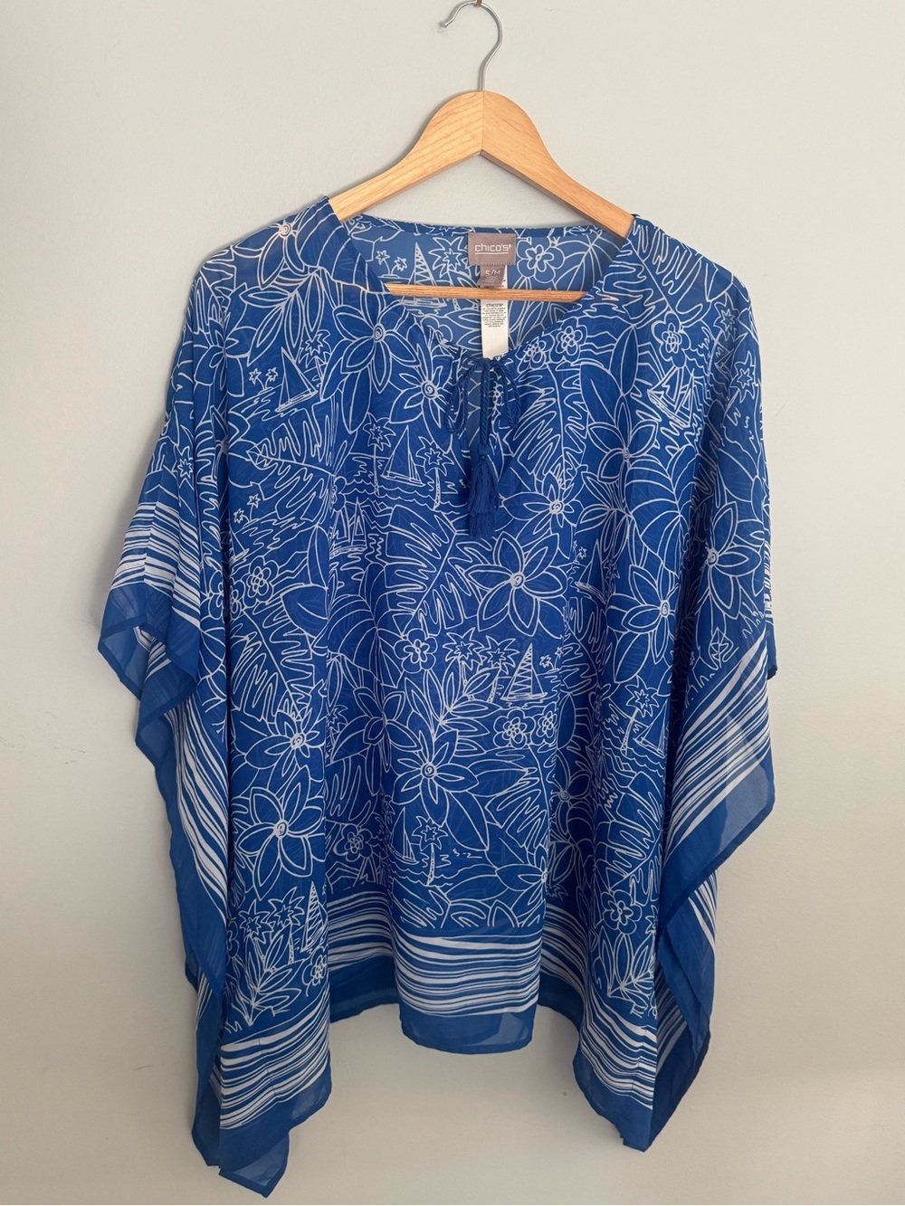 Chico's Blue Tropical Floral Tassel Tie Kaftan Coverup Sheer Top S/M
